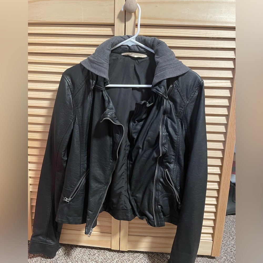 Hollister Leather Jacket with Hood!